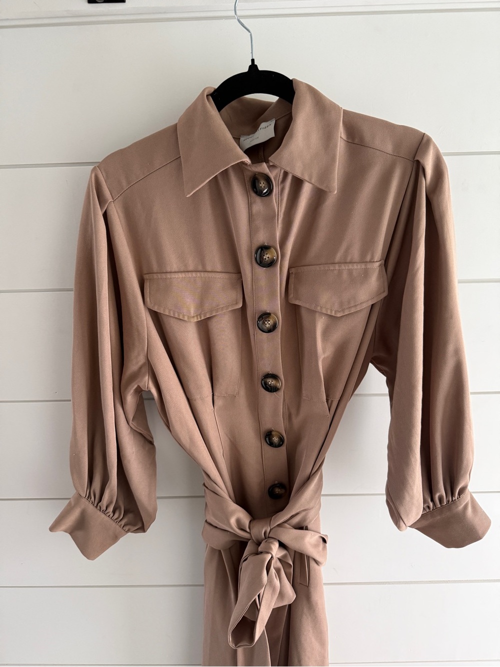 Modern Citizen Taupe Tie-Waist Midi Shirt Dress, Size Medium - Picture 2 of 7